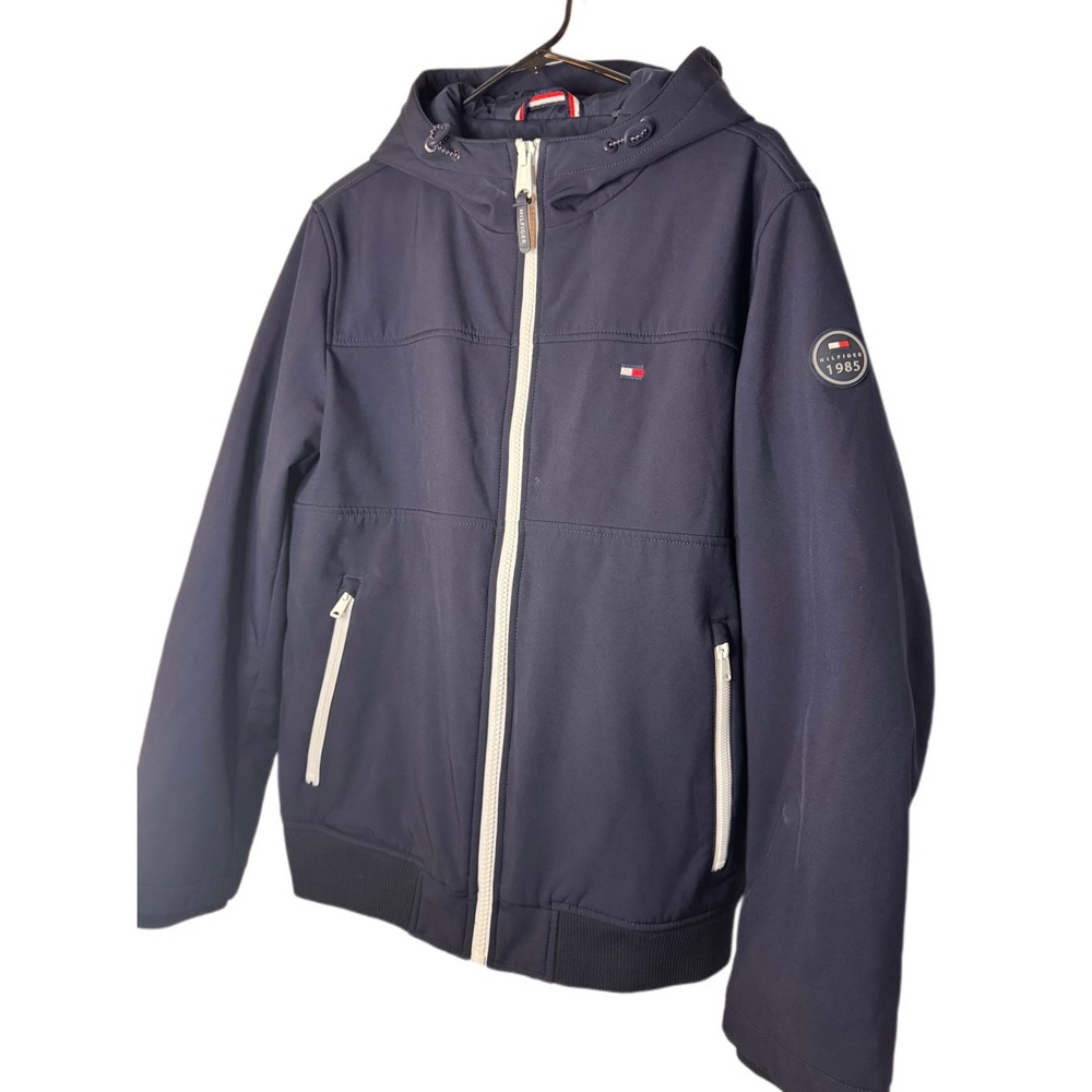 Tommy Hilfiger 1985 Navy Blue Bomber Style Soft shell Hooded Jacket‎ Mens Medium